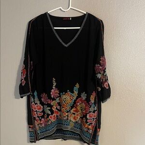 Johnny Was Black Top with Multicolor Floral Embroidery